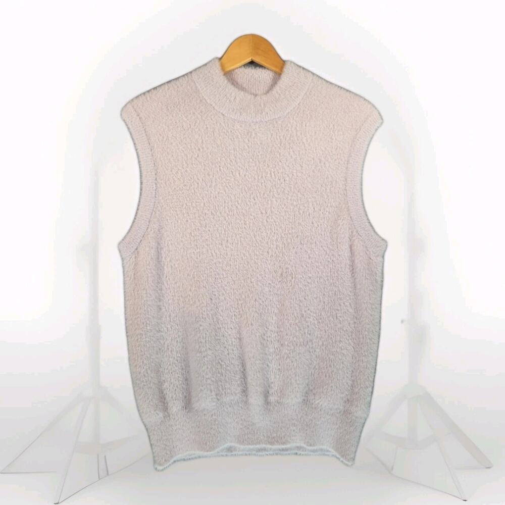 Rachel Zoe Faux Fur Sweater Vest Womens Sz Lg Blush Pink Classic Mock Neck Fuzzy